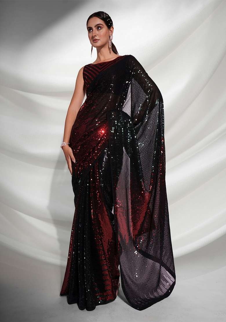 Red Sequin Embroidered Georgette Saree Set - Indya