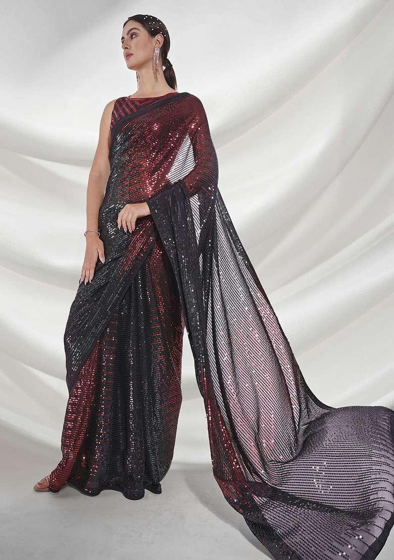 Red Sequin Embroidered Georgette Saree Set - Indya