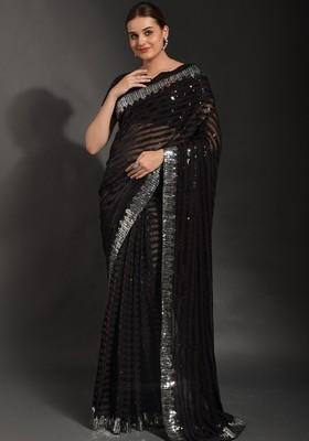 Navy Blue Sequin Embroidered Georgette Saree Set