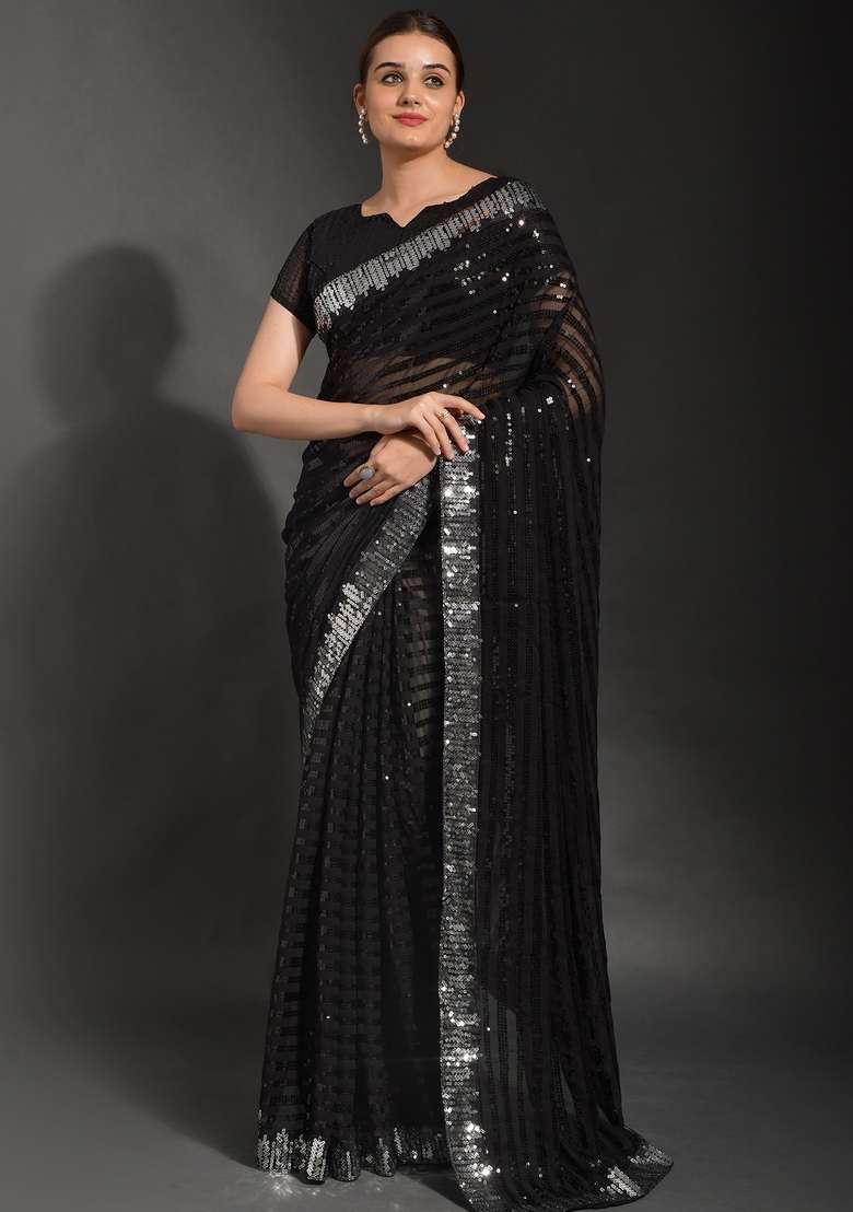 Navy Blue Sequin Embroidered Georgette Saree Set - Indya