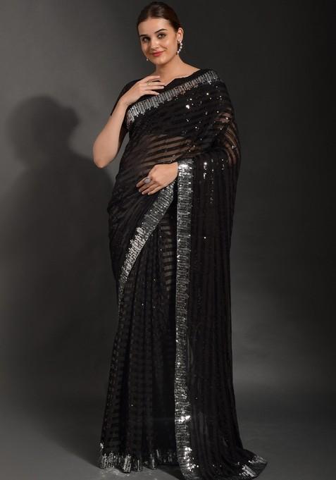 Navy Blue Sequin Embroidered Georgette Saree Set