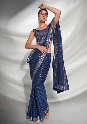 Teal Blue Sequin Embroidered Georgette Saree Set