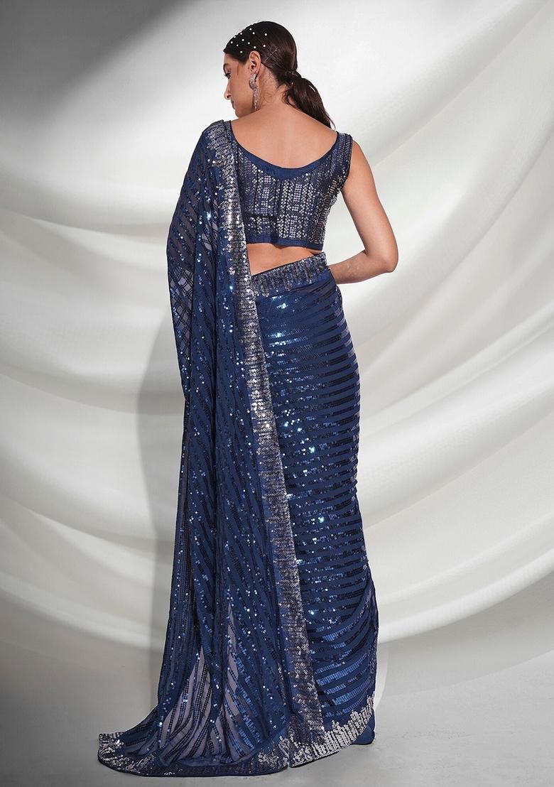 Teal Blue Sequin Embroidered Georgette Saree Set