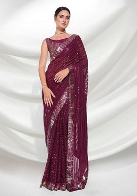 Wine Sequin Embroidered Georgette Saree Set