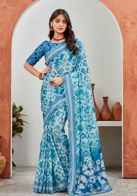 Blue Mirror Work Chiffon Saree Set
