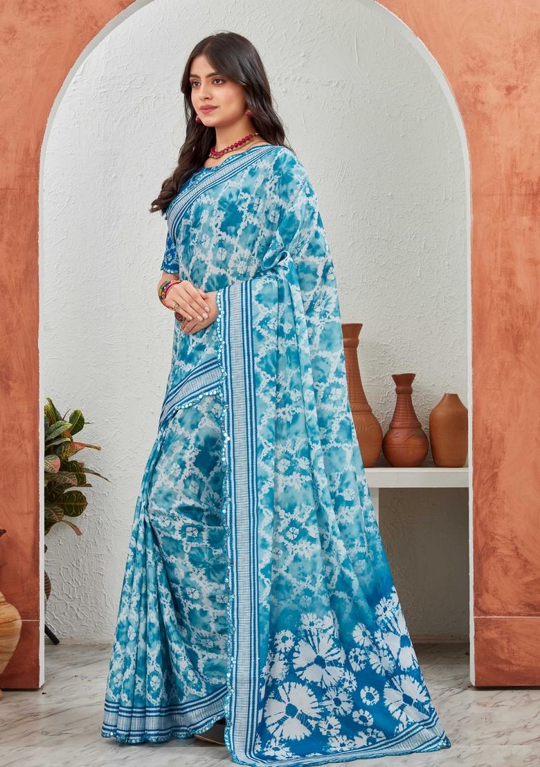 Blue Mirror Work Chiffon Saree Set
