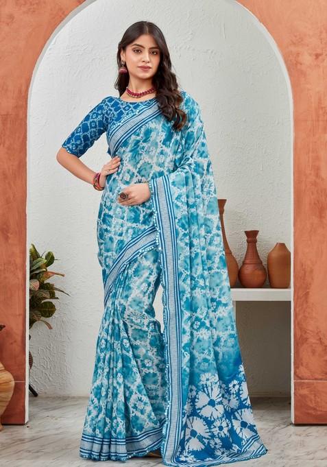 Blue Mirror Work Chiffon Saree Set