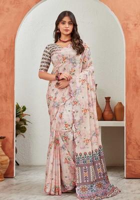 Cream Mirror Work Chiffon Saree Set