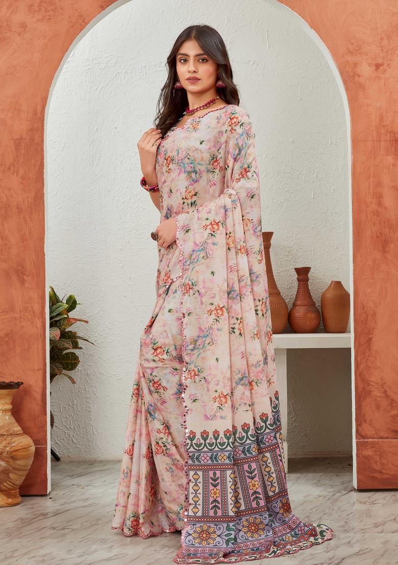 Cream Mirror Work Chiffon Saree Set