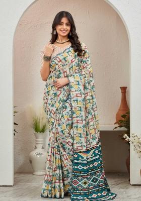 Green Mirror Work Chiffon Saree Set