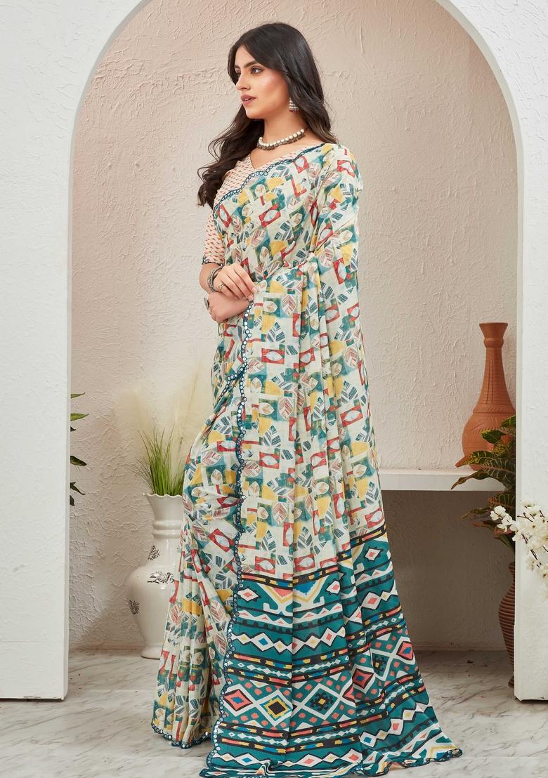 Green Mirror Work Chiffon Saree Set