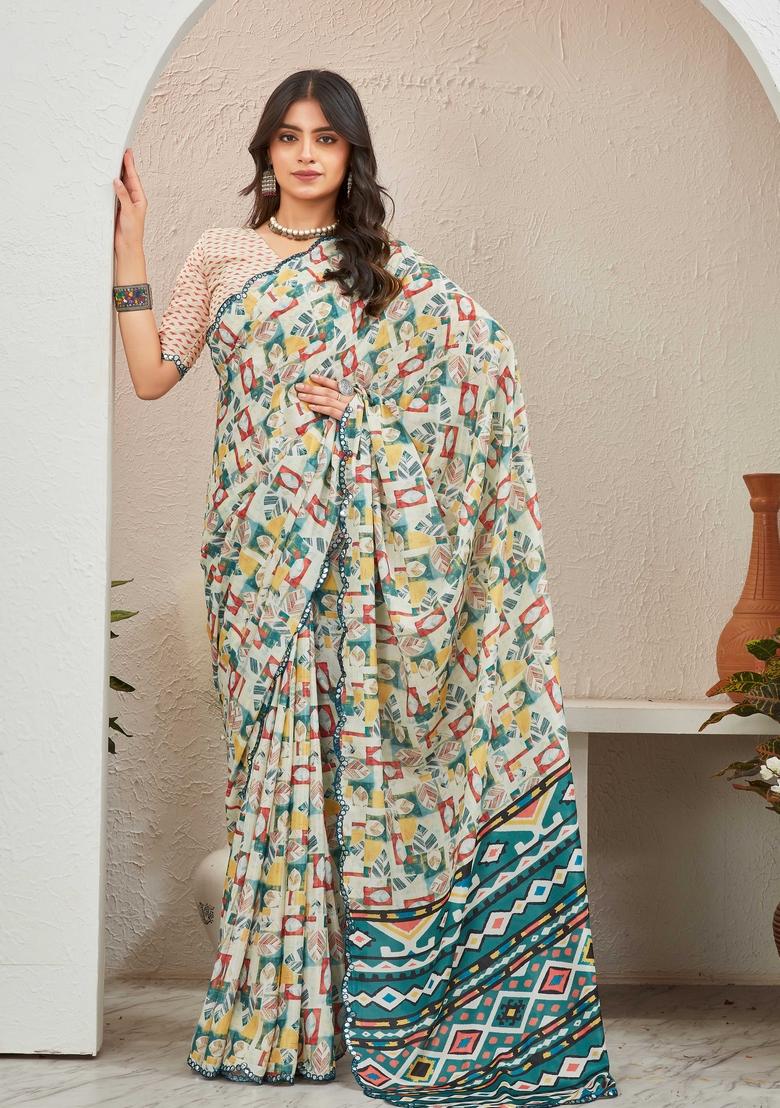 Green Mirror Work Chiffon Saree Set