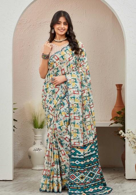 Green Mirror Work Chiffon Saree Set
