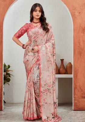 Peach Mirror Work Chiffon Saree Set