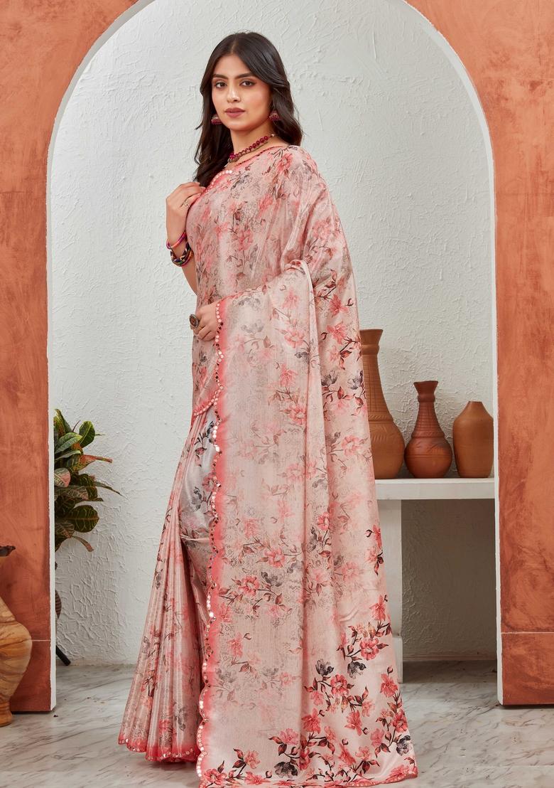 Peach Mirror Work Chiffon Saree Set