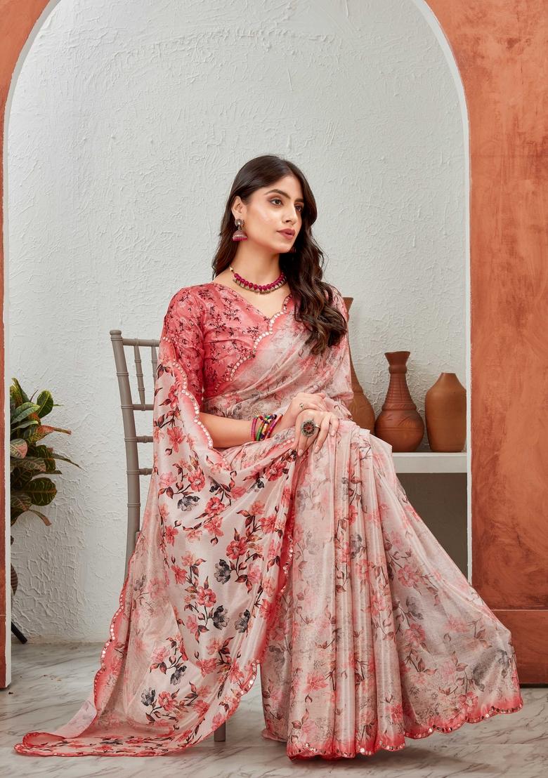Peach Mirror Work Chiffon Saree Set