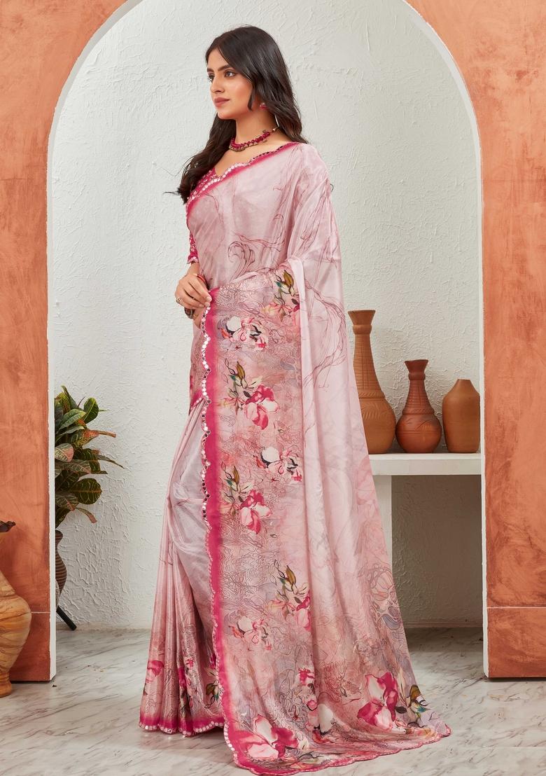 Pink Mirror Work Chiffon Saree Set
