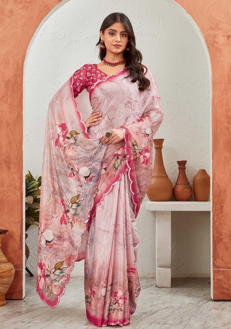 Pink Mirror Work Chiffon Saree Set