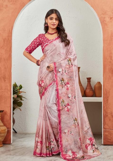 Pink Mirror Work Chiffon Saree Set