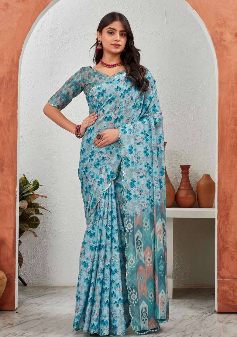 Sky Blue Mirror Work Chiffon Saree Set - Indya