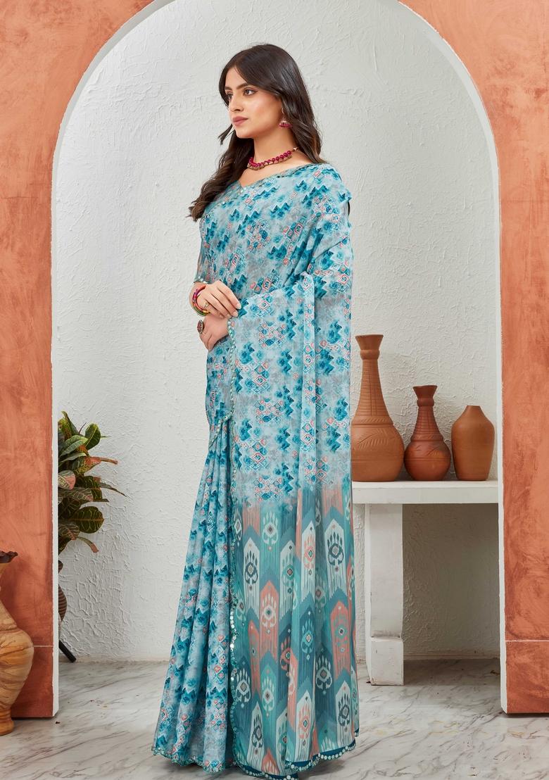 Sky Blue Mirror Work Chiffon Saree Set