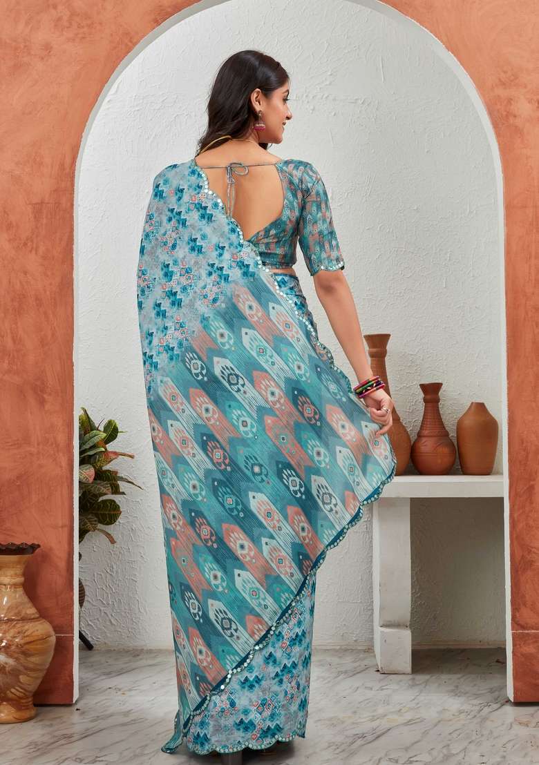 Sky Blue Mirror Work Chiffon Saree Set - Indya