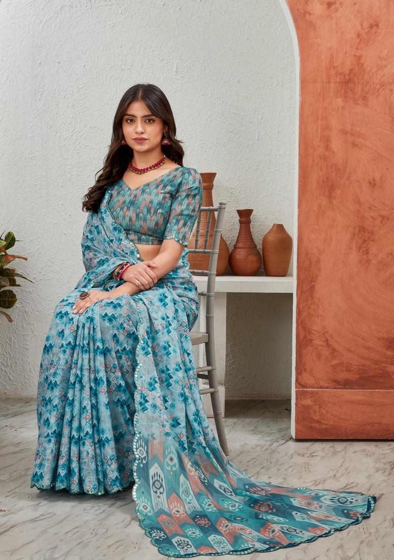 Sky Blue Mirror Work Chiffon Saree Set