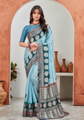 Sky Blue Circle Mirror Work Chiffon Saree Set