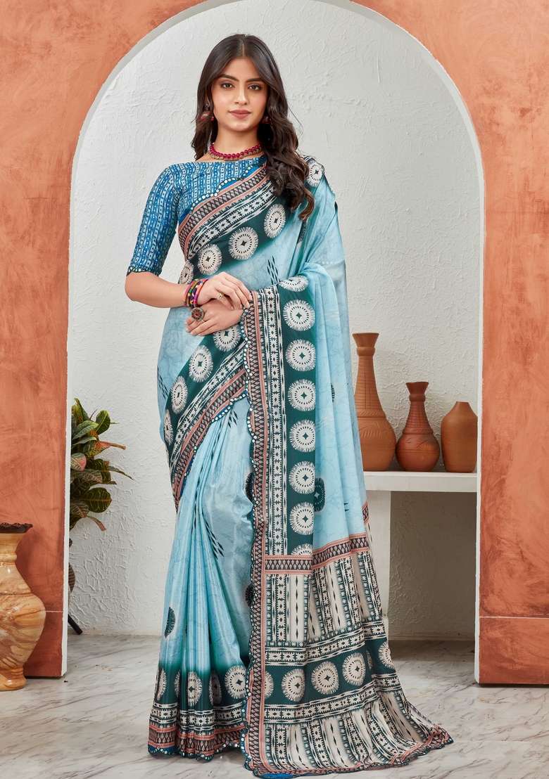 Sky Blue Circle Mirror Work Chiffon Saree Set - Indya
