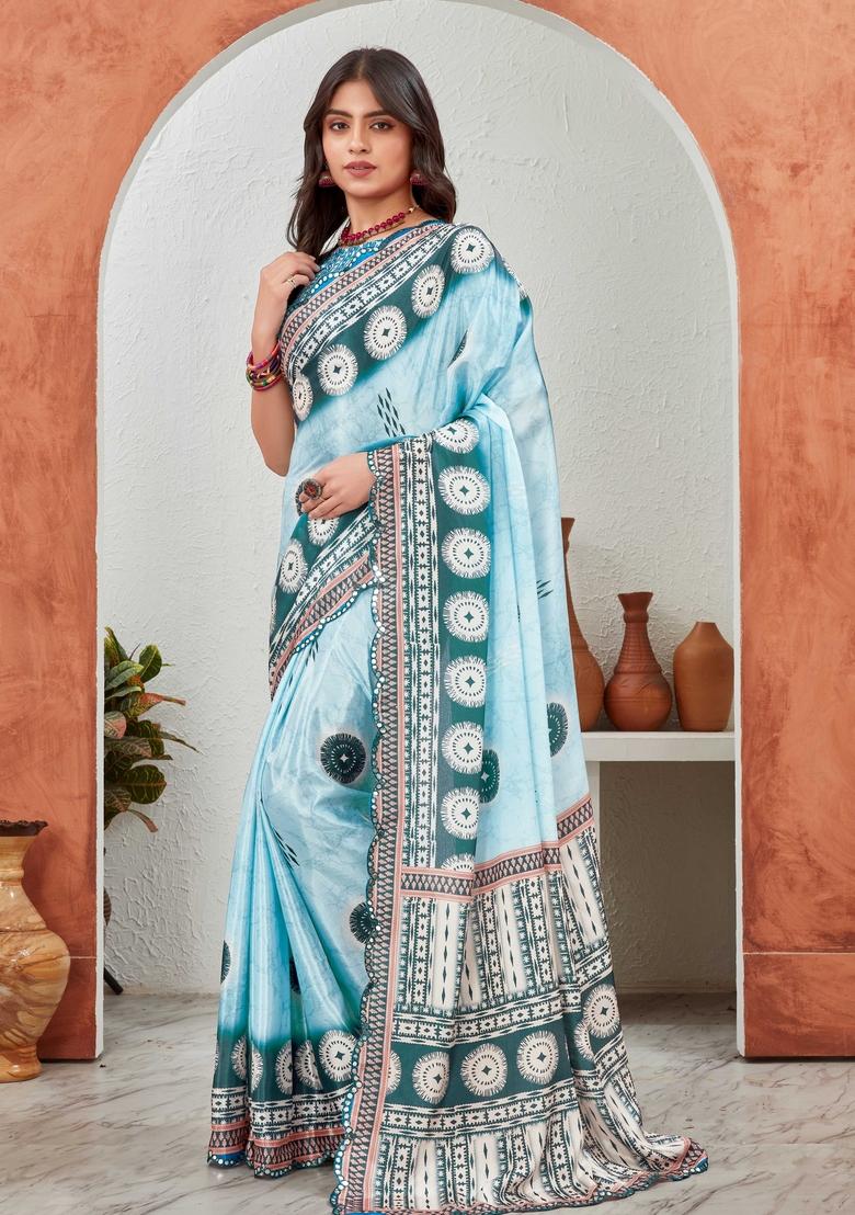 Sky Blue Circle Mirror Work Chiffon Saree Set