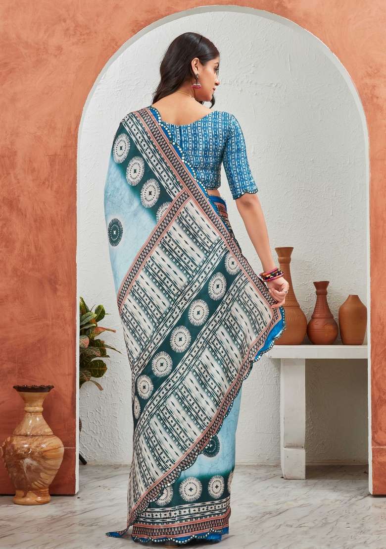 Sky Blue Circle Mirror Work Chiffon Saree Set - Indya
