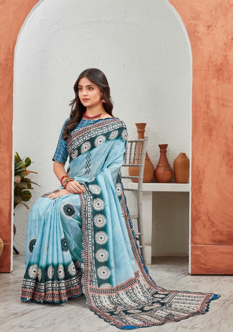 Sky Blue Circle Mirror Work Chiffon Saree Set