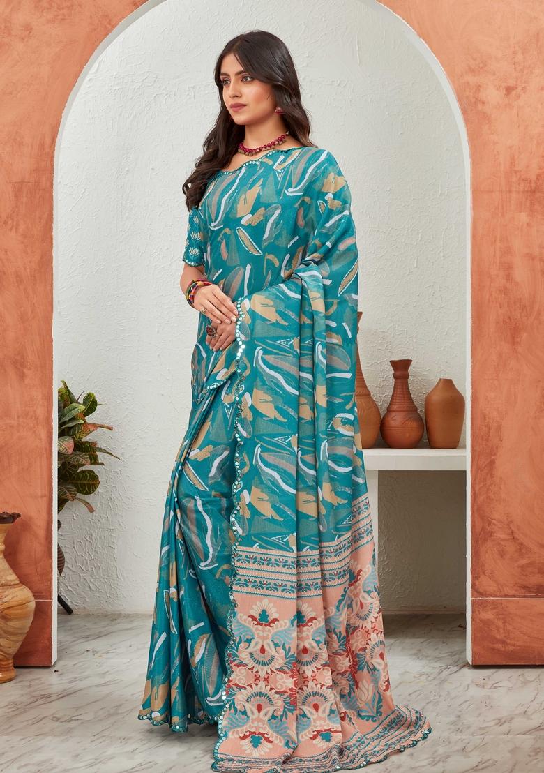 Teal Blue Mirror Work Chiffon Saree Set