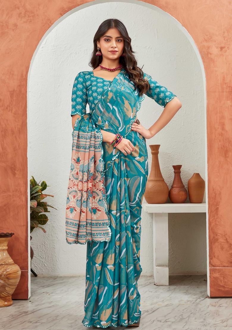Teal Blue Mirror Work Chiffon Saree Set