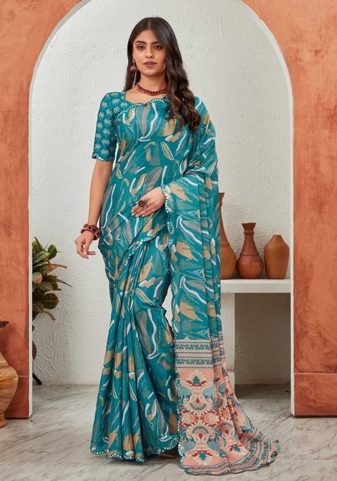 Teal Blue Mirror Work Chiffon Saree Set