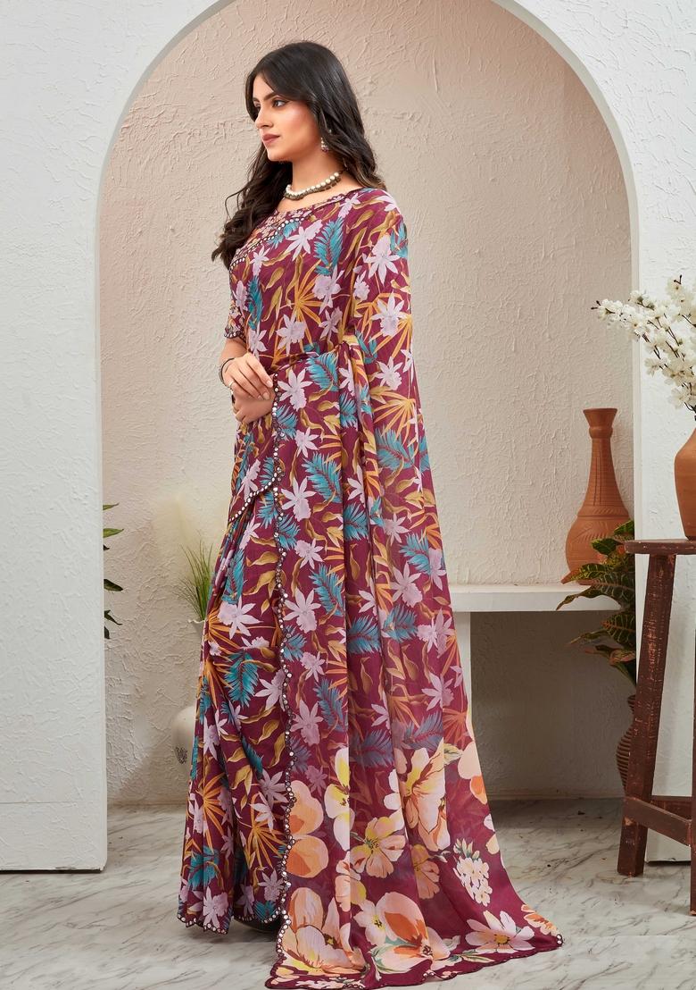 Wine Mirror Work Chiffon Saree Set