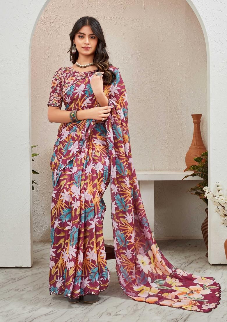 Wine Mirror Work Chiffon Saree Set