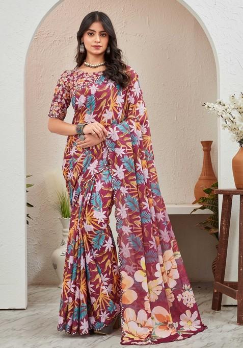 Wine Mirror Work Chiffon Saree Set