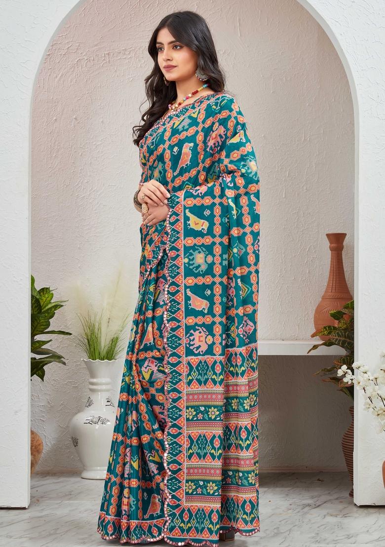 Blue Mirror Work Chiffon Saree Set