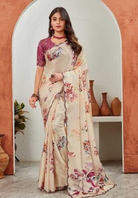 Cream Mirror Work Chiffon Saree Set
