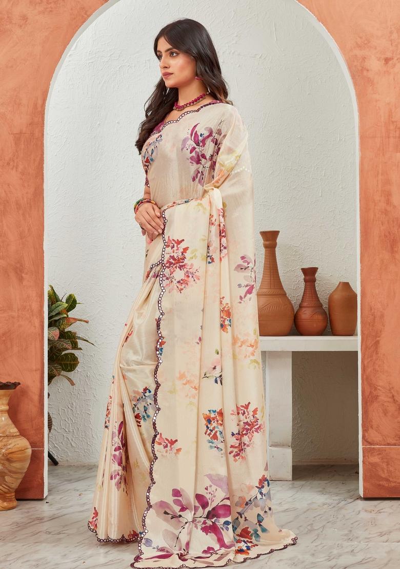 Cream Mirror Work Chiffon Saree Set