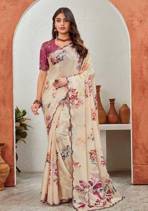 Cream Mirror Work Chiffon Saree Set