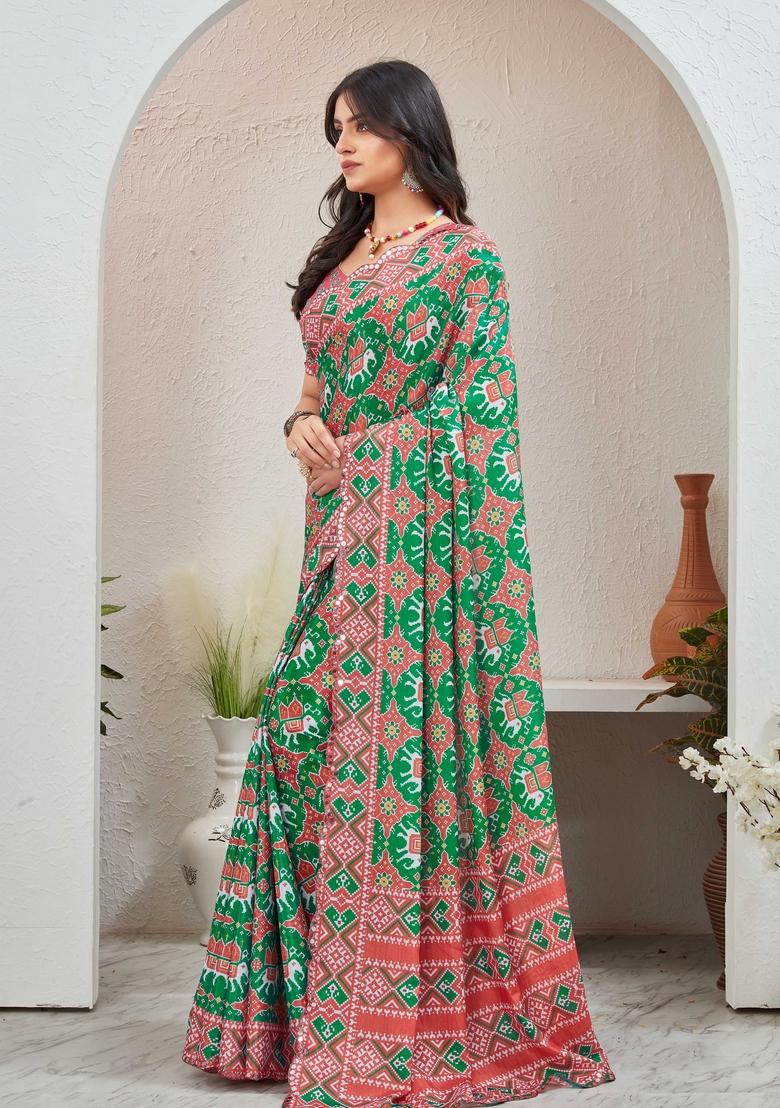 Green Mirror Work Chiffon Saree Set