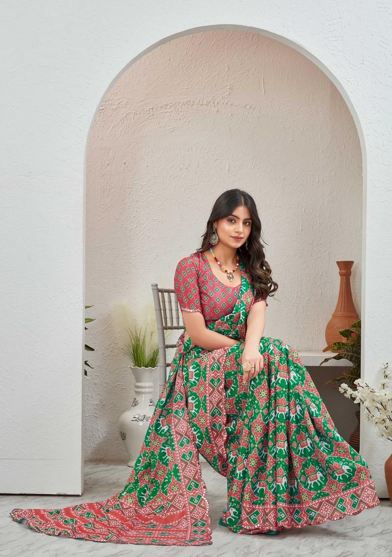 Green Mirror Work Chiffon Saree Set