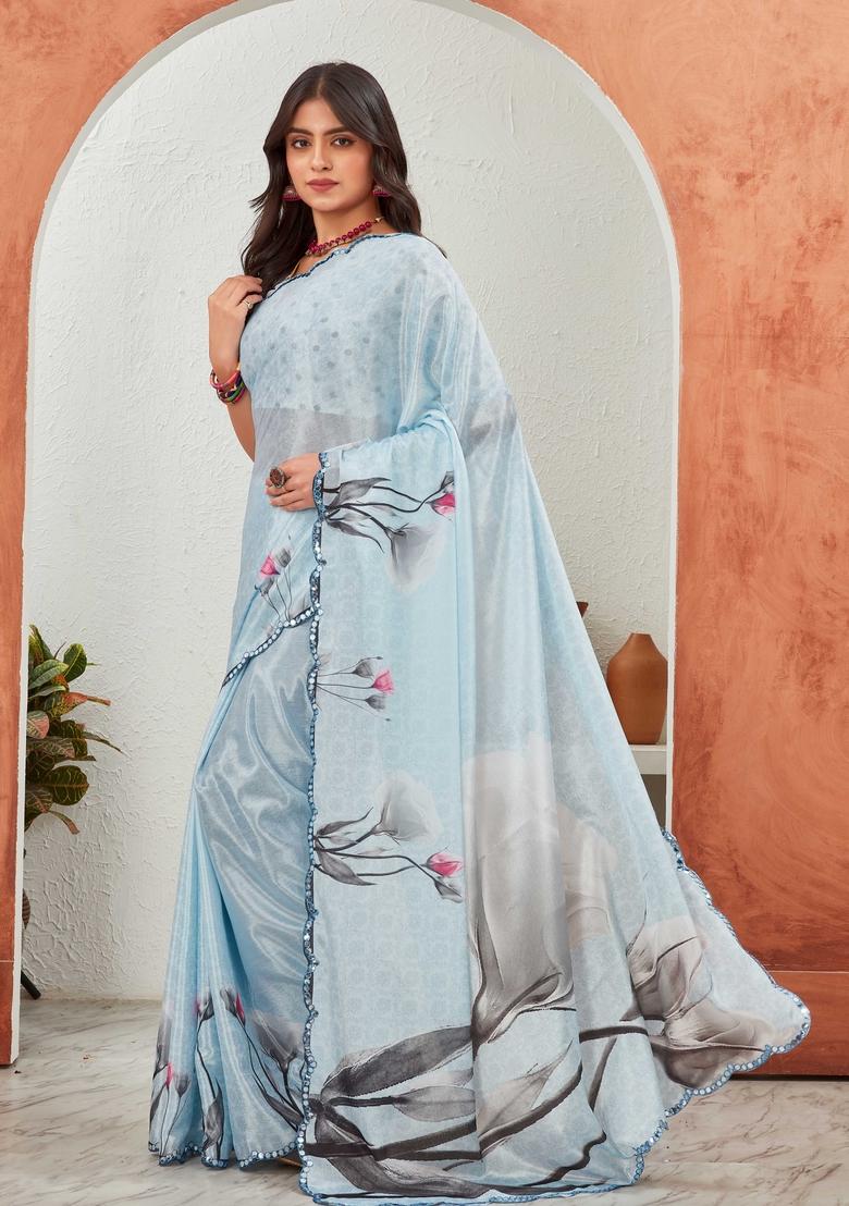 Light Blue Mirror Work Chiffon Saree Set