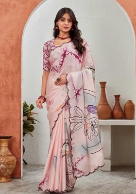 Peach Mirror Work Chiffon Saree Set