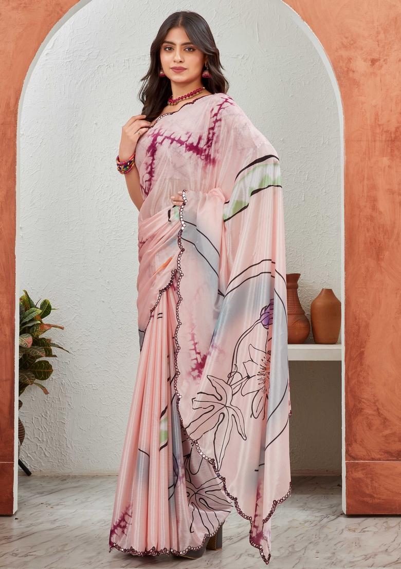 Peach Mirror Work Chiffon Saree Set