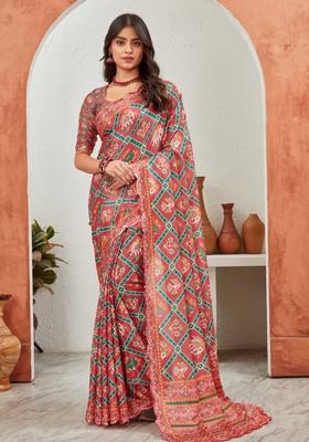 Pink Mirror Work Chiffon Saree Set