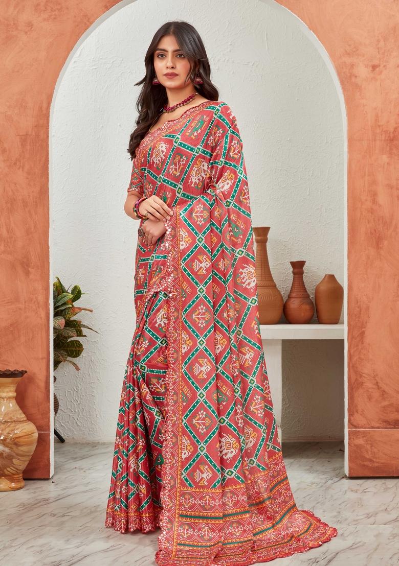 Pink Mirror Work Chiffon Saree Set