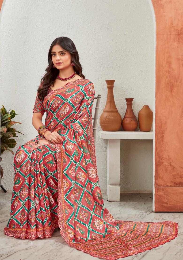 Pink Mirror Work Chiffon Saree Set